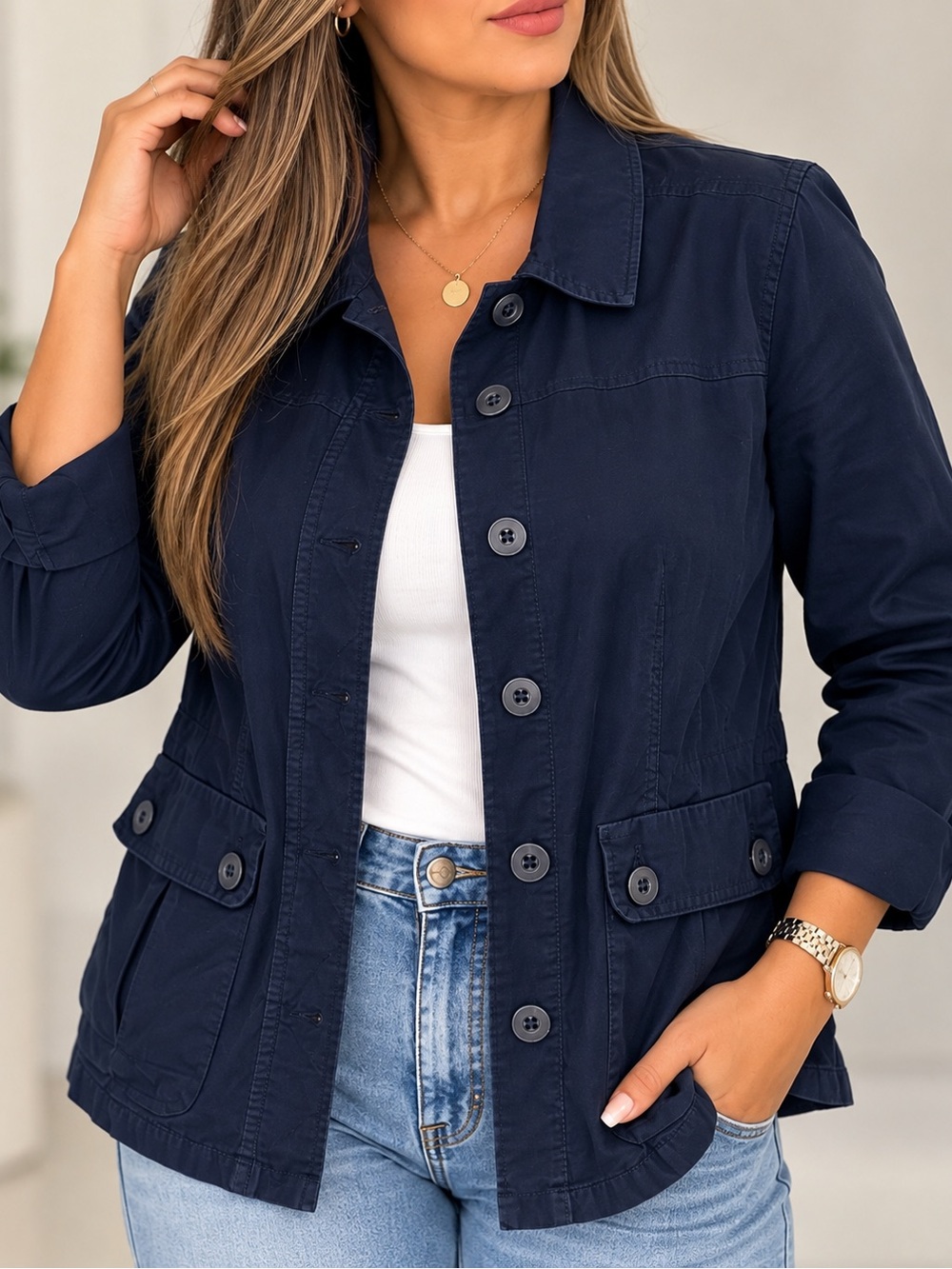 Liz Claiborne Navy Button-Front Utility Jacket